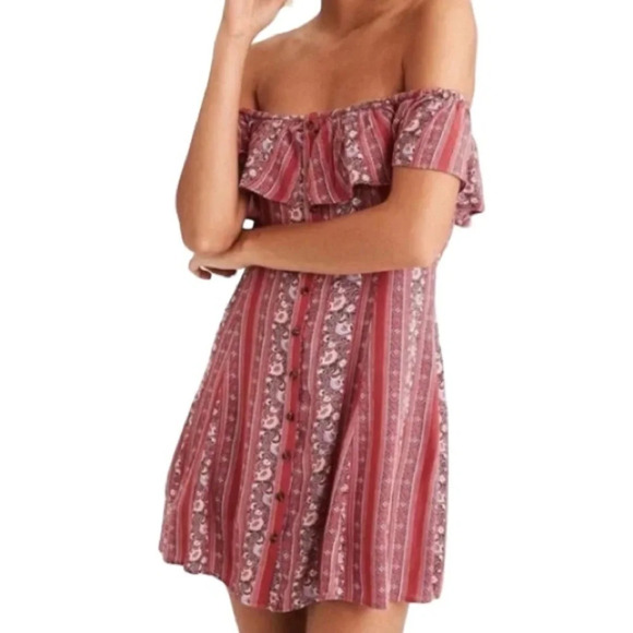 AMERICAN EAGLE Ruffled Off The Shoulder Dress Rusty Pink Fit & Flare Buttoned S - Picture 1 of 11